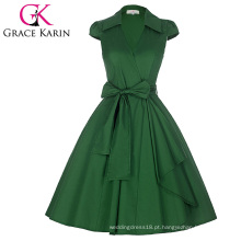Grace Karin Cap Sleeve Lapel Collar V-Neck Retro Vintage High-Stretchy Green Dress CL008953-6